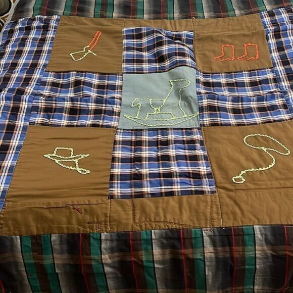 Homemade Plaid Squares Western Corduroy Squares Vintage Quilt 25 In x 54 In - Picture 1 of 14